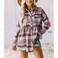 thumbnail image 2 of Camisa de manga larga con botones para mujer, blusa a cuadros con hombros caídos y cuello vuelto, Tops con bolsillo tipo parche, cuadros rosas L, 2 of 6