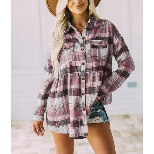 Camisa de manga larga con botones para mujer blusa a cuadros con hombros caidos y cuello vuelto Tops con bolsillo tipo parche cuadros rosas S Walmart en linea