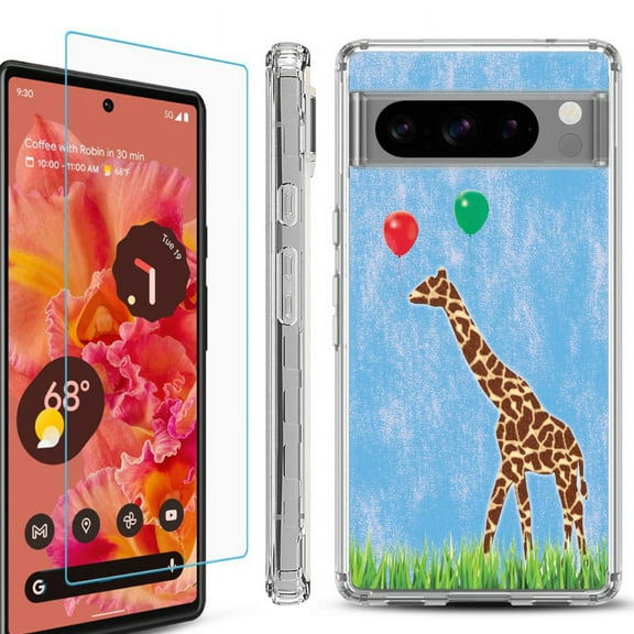 OneToughShield ® Compatible with Google Pixel 8 Pro, Shockproof Phone Case, with Tempered Glass Screen Protector - Giraffe/Balloon