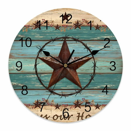 Wall Clock Texas Star Teal Clocks PVC Silent Non-Ticking Battery Operated Decorative Farm Wood Grain Round Clock for Home Living Room Kitchen Bedroom Office School Wall Decor 10 Inch