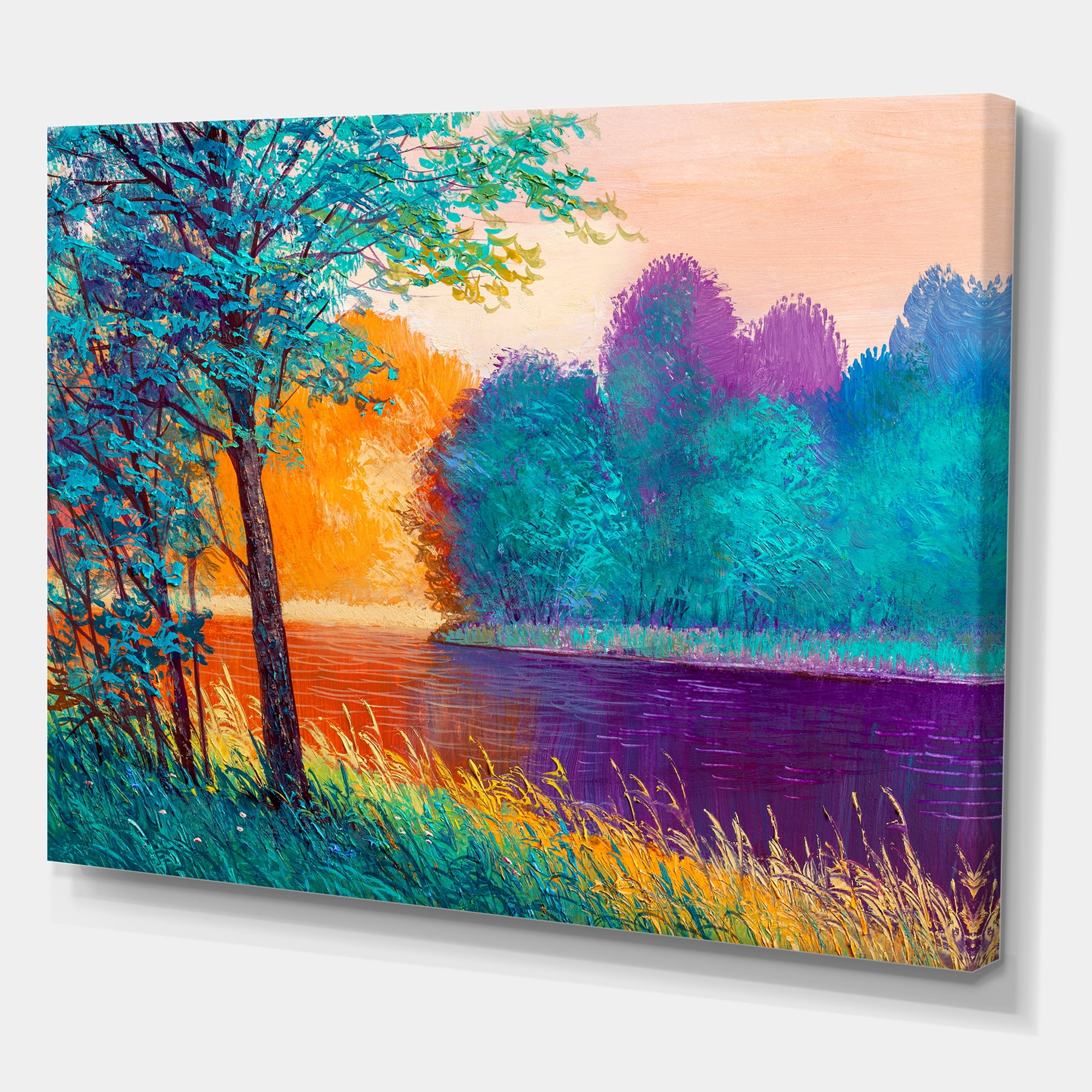 Designart ' Colorful Trees During Twilight Along River ' Traditional Canvas Wall Art Print