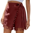 thumbnail image 2 of Ailaofu Womens Wrap Tassel Shorts High Waisted Tie Waist Solid Color Casual Shorts with Fringe Hem Flowy Lightweight Skort Style, 2 of 7