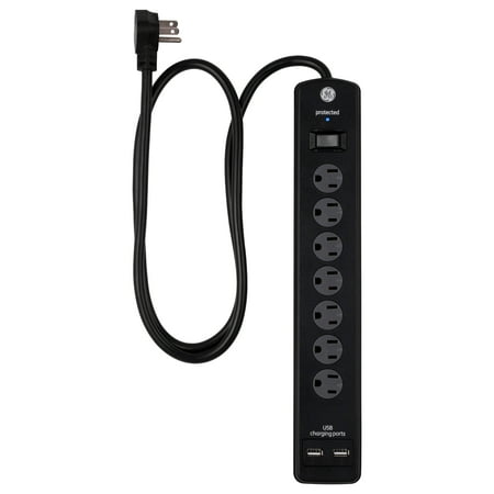 GE UltraPro Grounded 7-Outlet 2-USB Port Power Strip Surge Protector, 4 ft, Black, 40482