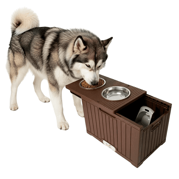 Comedero y Bebedero Para Perros Grandes Marca MascoAmigo De Material Plastico Con Mueble Para Croquetas Cafe