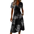 thumbnail image 4 of Halloween Dresses for Women Witch Hat Short Sleeve Spider Vintage Wrap Dress Skeleton V Neck Cute Wedding Guest Dresses 2XL, 4 of 5