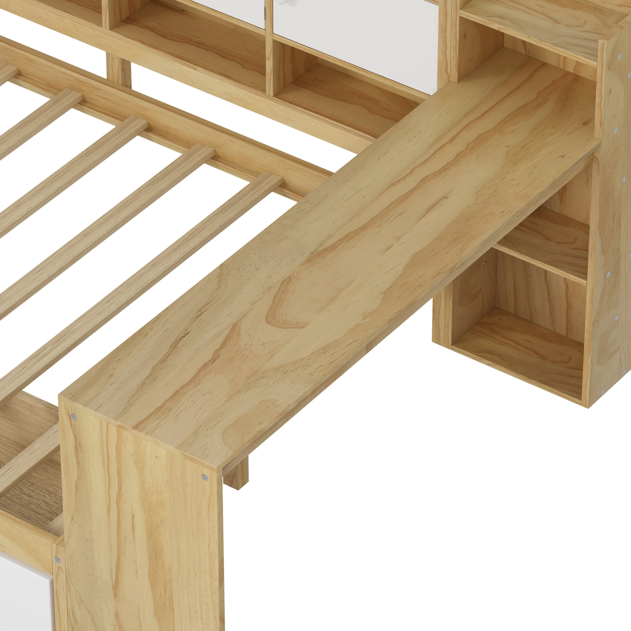 Noble House L-Shaped Twin Daybed with Storage Shelves, Desk and 2 Drawers, Natural + White