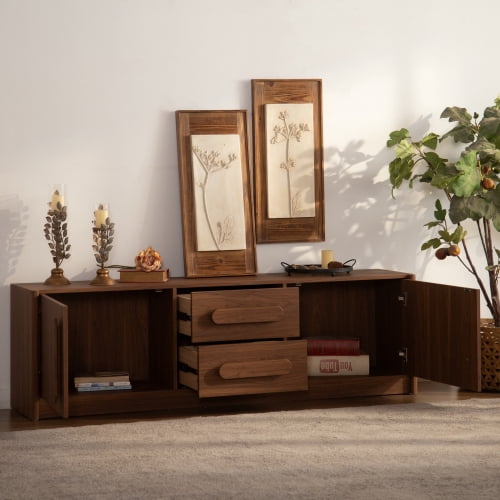 63" Buffet Sideboard Cabinet with 2 Doors & 2 Drawers, Soft-Close Hinges and Silent Slide Drawers, MDF Storage Credenza Console for Living Room, Dining Room, Entryway, Walnut Brown
