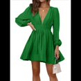 thumbnail image 2 of Vestido Mini de Larga con Escote en V Profundo para Mujer, Corte A, Cintura Alta, Informal, Fluido, Ideal para Invitadas de Boda. Verde M, 2 of 8