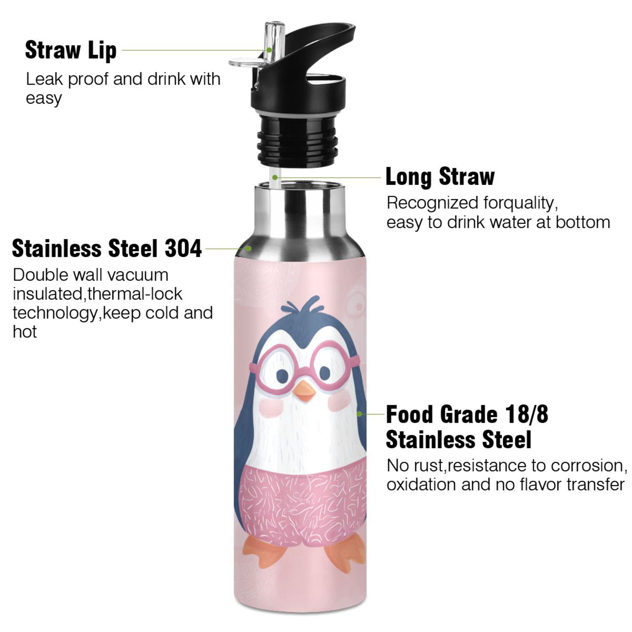 Cute Penguins in Pink Glasses Sports Bottle with Straw Stainless Steel Water Jug Portable Thermal Cup Leak-proof 1000ML