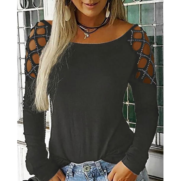 Pntutb Mujer Sexy fuera del hombro Manga larga Perforación en caliente Sólido Ahueca hacia fuera O-cuello Camiseta Blusa tops PNTUTB Pntutb-7200