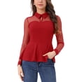 thumbnail image 1 of Blusa de malla transparente para mujer INSPIRE CHIC con cuello de solapa, abertura en forma de llave y peplum con volantes, talla XS, roja, 1 of 6