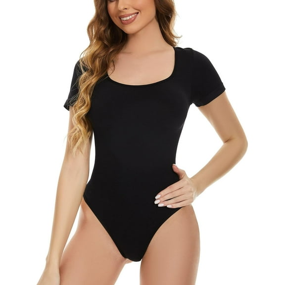 HLSOHJP Women's Thong Bodysuit Seamless Short Sleeve Square Neck Tummy Control Body Sculpting Body Shaper Shapewear