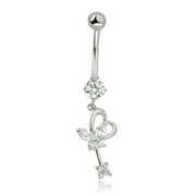AVORA 10K White Gold Simulated Diamond CZ Dangling Heart Butterfly Belly Button Ring Body Jewelry (14 Gauge)