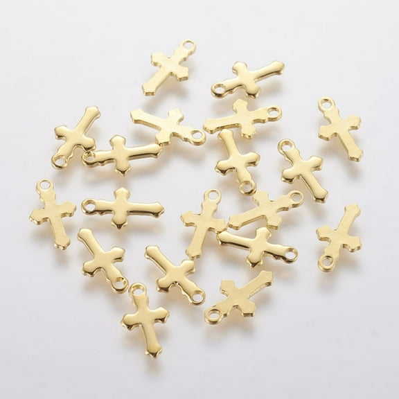 100pcs 304 Stainless Steel Tiny Cross Charms Real 18k golden Plated 12x7x0.8mm Hole: 1.2mm
