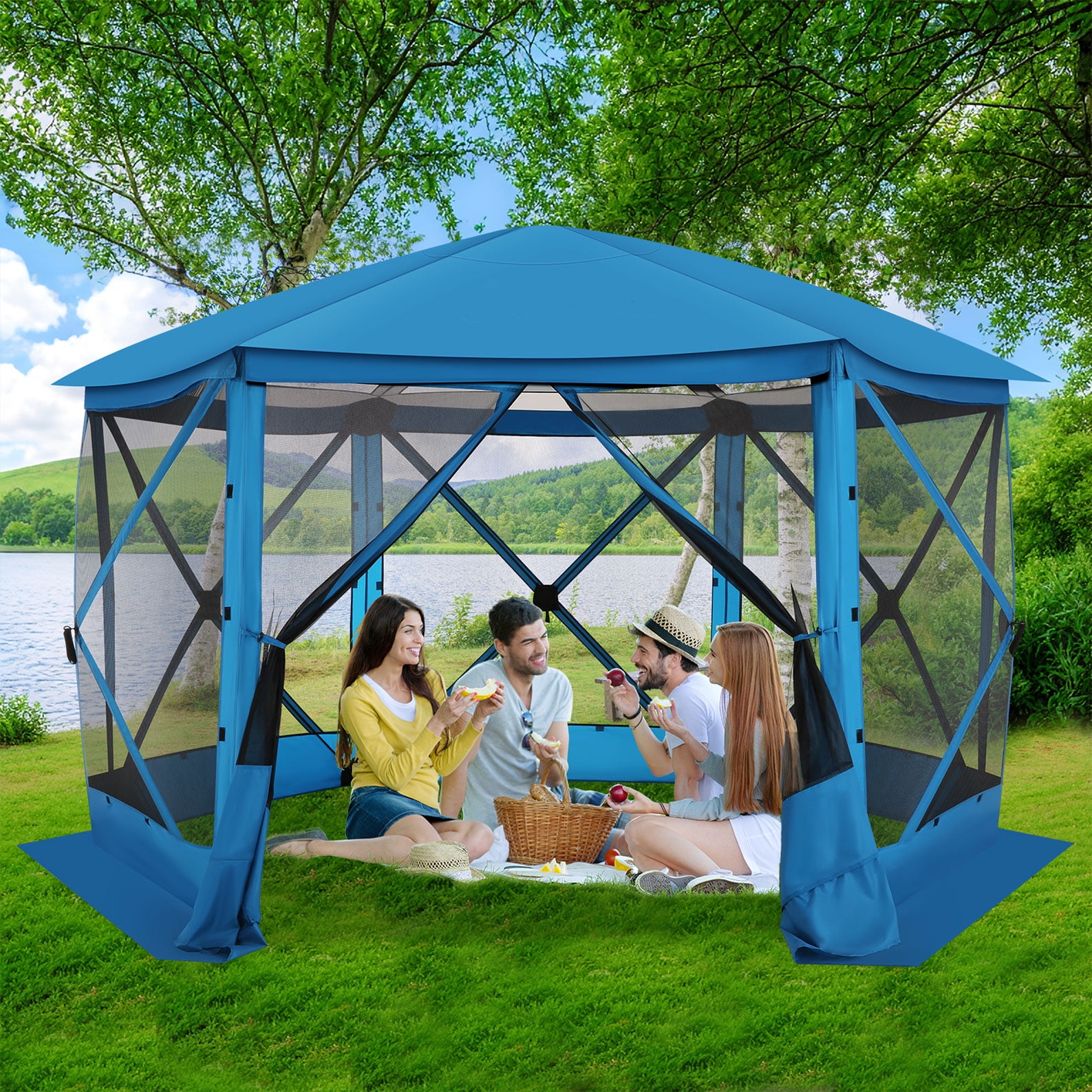 SANOPY 12'x12' Pop up Gazebo with Starry Sky Covered Gazebo 6-Sided Mosquito Netting and Sidewalls Pop up Screen Gazebo Tent Camping Gazebo Instant Shelter for Deck and Lawns, Blue