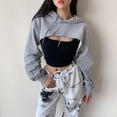 thumbnail image 2 of Women Fall Long Sleeve Cutout Cropped Hoodies Sweatshirt Aesthetic Solid Color Casual Loose Pullover Super Crop Top, 2 of 9