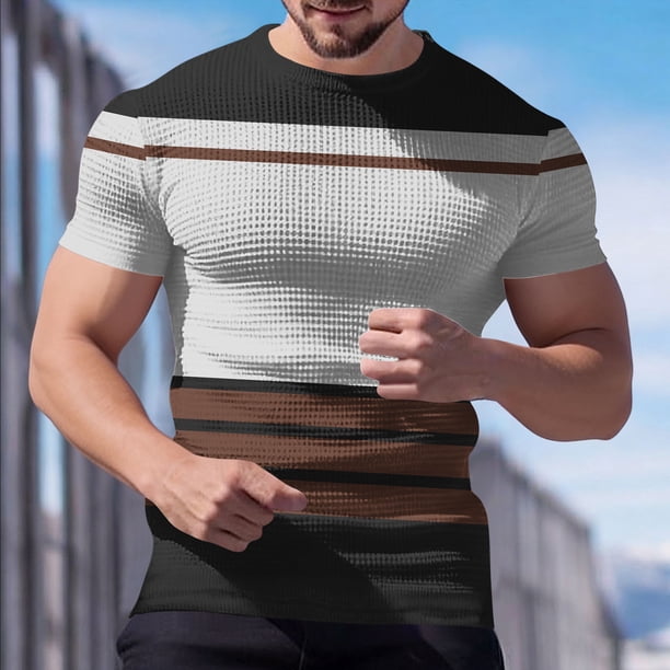 Ceisia Men's Summer Casual Slim Fit Crew Neck Short Sleeve T-Shirt Multi-Color Striped Waffle Knit Stretch Fabric Coffee S Gifts