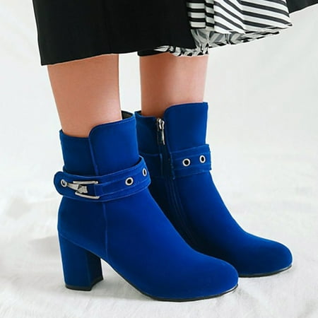 

Akiihool Womens Work Boots Slip On Women Snow Boots Winter Shoes Warm Slip On V Cutout Pointed Toe Stacked Mid Heel Booties (Blue 9)