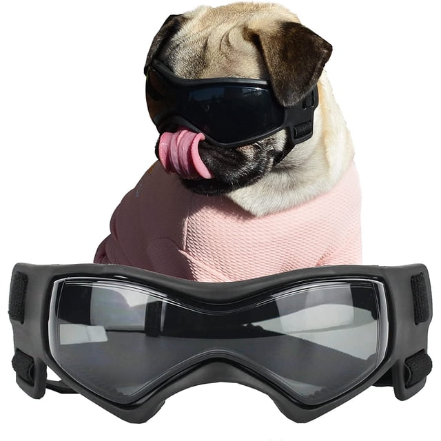 Gafas de sol para perros de razas pequeñas, con protección UV, resistentes al viento, con montura suave y correas ajustables, color negro.