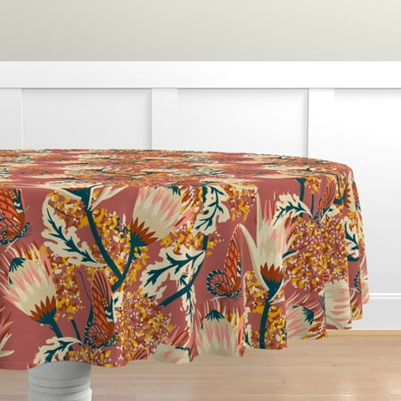 

Cotton Sateen Tablecloth 70 Round - Butterfly Floral Nature Botanical Butterflies Garden Plants Spring Bloom Midcentury Modern Flower Print Custom Table Linens by Spoonflower