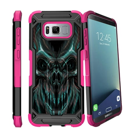 Case for Samsung Galaxy S8 Plus Version [ UFO Defense Case ][Galaxy S8 PLUS SM-G955][Pink Silicone] Carbon Fiber Texture Case with Holster + Stand Skull