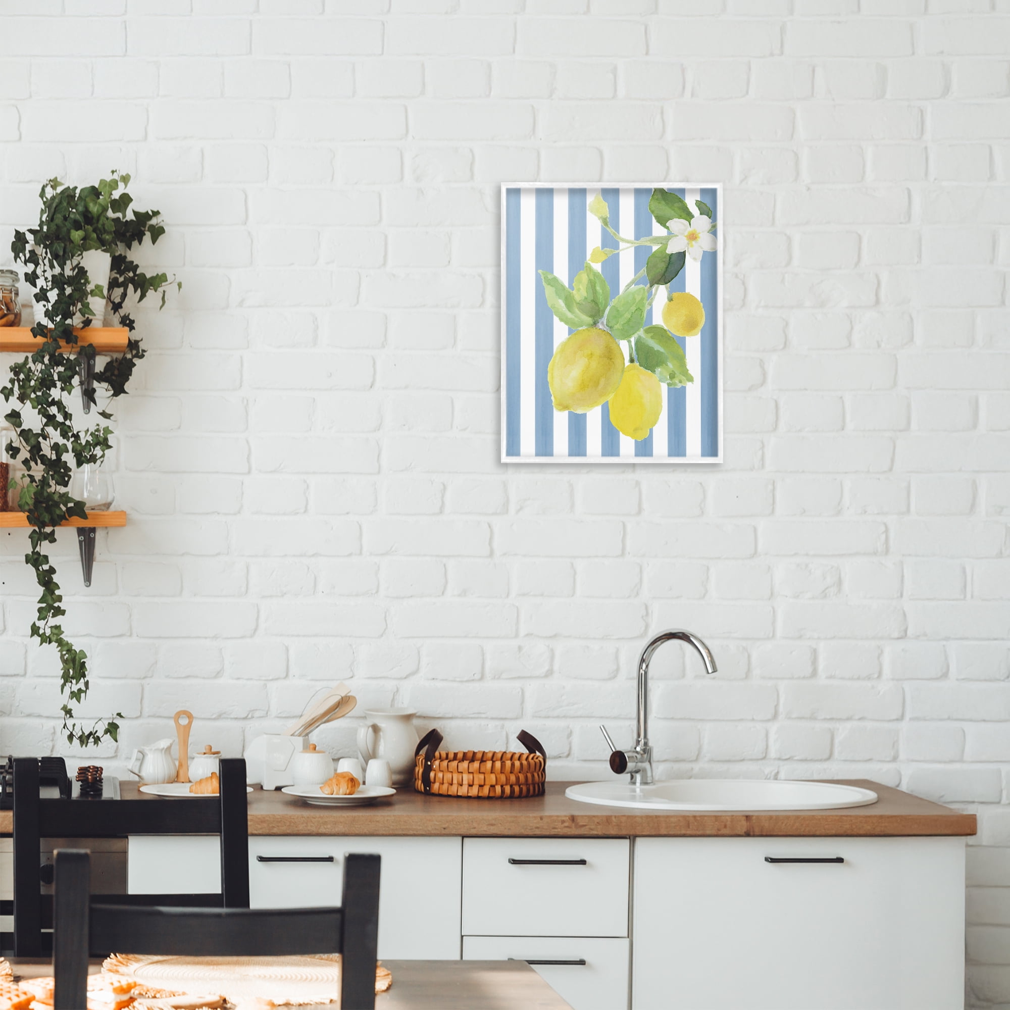 Stupell Industries Lemon Blossom on Blue Stripes White Framed Giclee Art, design by Lanie Loreth