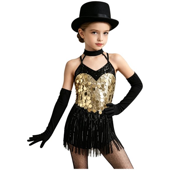 Kaerm Kid Girls Modern Latin Dance Outfit Halter Sequin Fringed Leotard with Gloves Gold 10