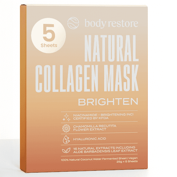 Body Restore Natural Collagen Moisturizing Korean Face Mask with Fermented Coconut Water for Dry Skin, 5 Pack, Brighten, Suitable for Women and Men
