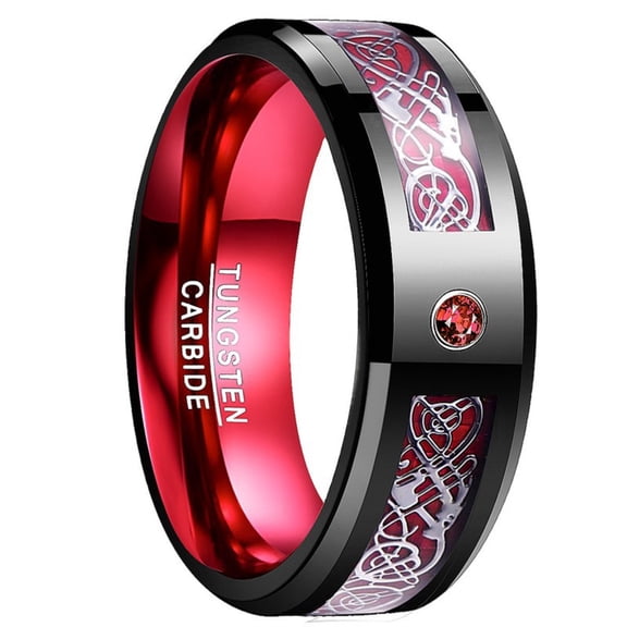 8mm Wide Black and Red Tungsten Carbide Ring with Silver Dragon Pattern and Red Carbon Fiber Inlay Men's Ring