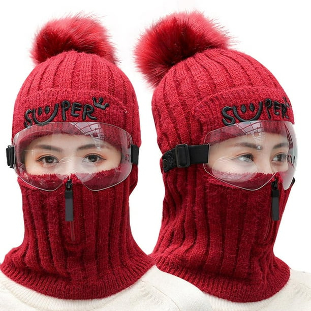 Conjunto De Bufanda De Gorro De Punto De Invierno Con Gafas, Gorro Con Cremallera, Orejeras, Gorros Forrados De Lana Con Pompón, Gorro A Prueba De Viento, Calentador De Cuello Para Esquí Y Ciclismo Noticed AP008076-03