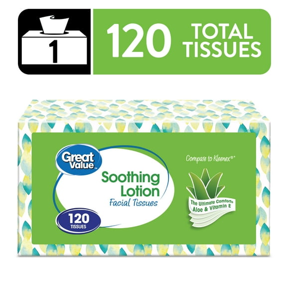 Great Value Soothing Lotion Facial Tissues, 1 Flat Carton, 120 Tissues per Flat, 3-Ply, Compare to Kleenex®