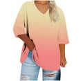 thumbnail image 3 of CLOISE Womens 3/4 Sleeve Tops and Blouses Plus Size V Neck Shirt Gradient Pullover Casual Vacation Clothes Hot Pink M, 3 of 4