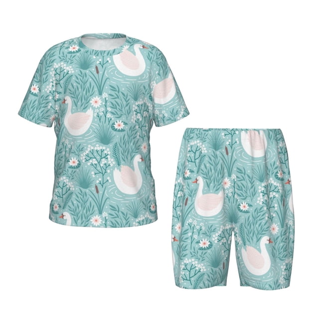 Balery Swan And Flowers4 Conjunto de Pijama Infantil de Manga Corta con Estampado – Ropa de Dormir de Algodón Suave-Large
