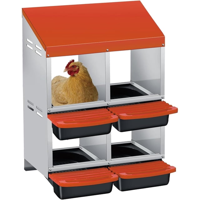 Ourlova 3/4-Hole Metal Chicken Nesting Box with Removable Roll-Out Tray – Easy Egg Collection & Cleaning, Galvanized Steel Laying Box for Backyard Coop & Poultry Farm