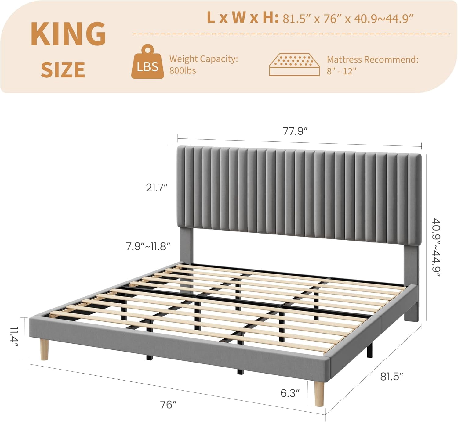 King Bed Frame with Adjustable Headboard, Velvet Upholstered Platform King Size Bed Frame, Vertical Channel Tufted, Strong Wooden Slats, No Box Spring Needed, Easy Assembly, Grey