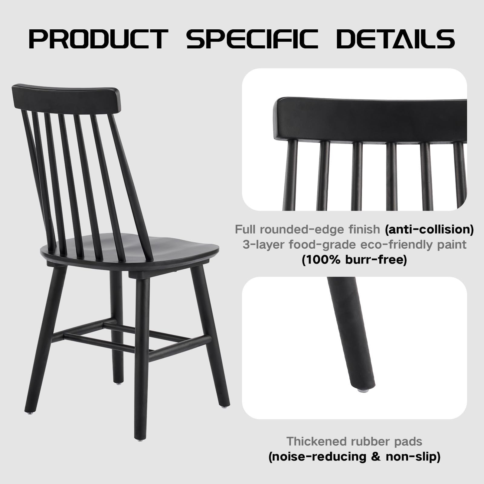 Black Farmhouse Dining Chairs Set of 4, Mid Century Modern Spindle Back Wooden Dining Room Chairs for Kitchen & Living Room