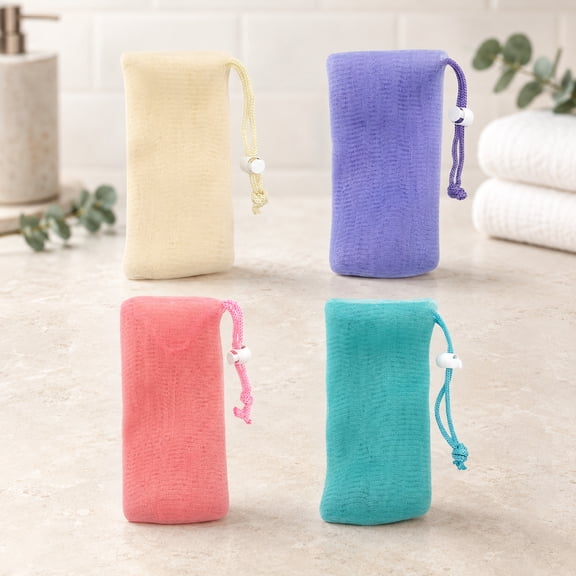 4PCS Soap Saver Bags, 4 Pcs Soap Foaming Mesh Bag Bags Bar Scrubber Pouch,Exfoliating Foaming Mesh Soap Pouches with Drawstring for Bar Soap, Shower and Travel, Beige Purple Pink Turquoise
