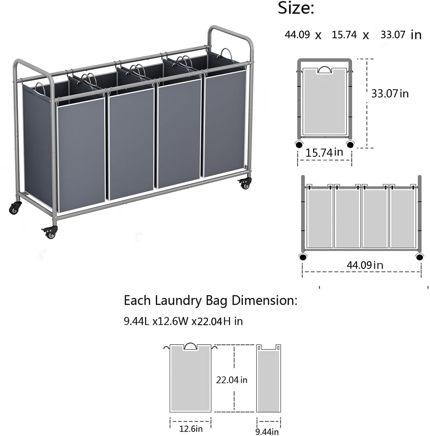 4 Bag Laundry Basket Sorter Laundry Hamper Cart with Heavy Duty Rolling Lockable Wheels and Removable Bags Organiser