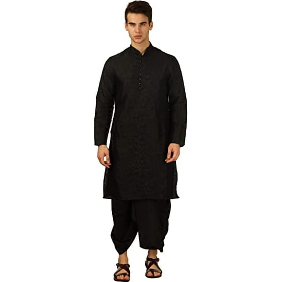 Devyom Men's Silk Blend Dhoti Kurta Set (40, Black)