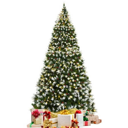 9 Feet Pre-lit Snow Flocked Christmas Tree with Red Berries