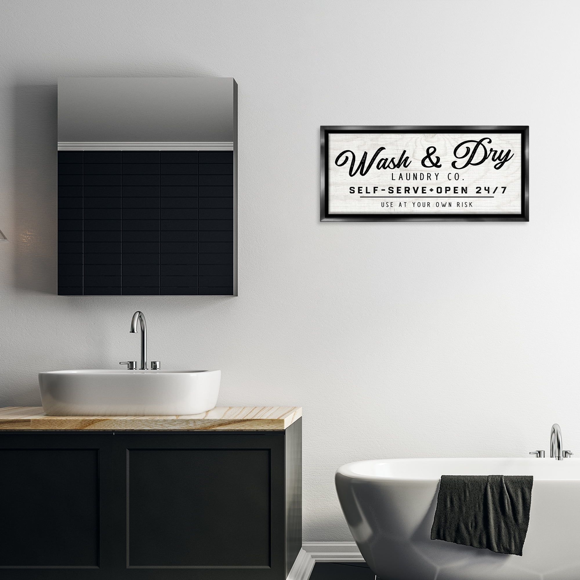 Stupell Industries Self Service Laundry Typography Painting Black Floater Framed Art Print Wall Art, 31 x 14