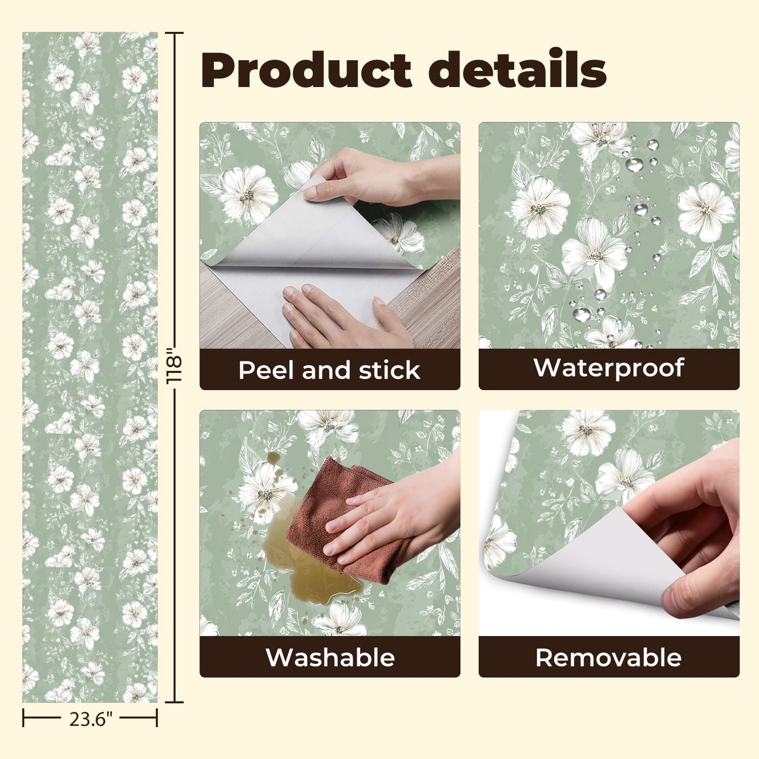 Sage Green Peel and Stick Wallpaper Floral Soft White Flowers Green Wall Mural 23.6in x 9.8ft Self Adhesive Removable Wall Paper Renter Friendly Wallpaper for Girls Bedroom
