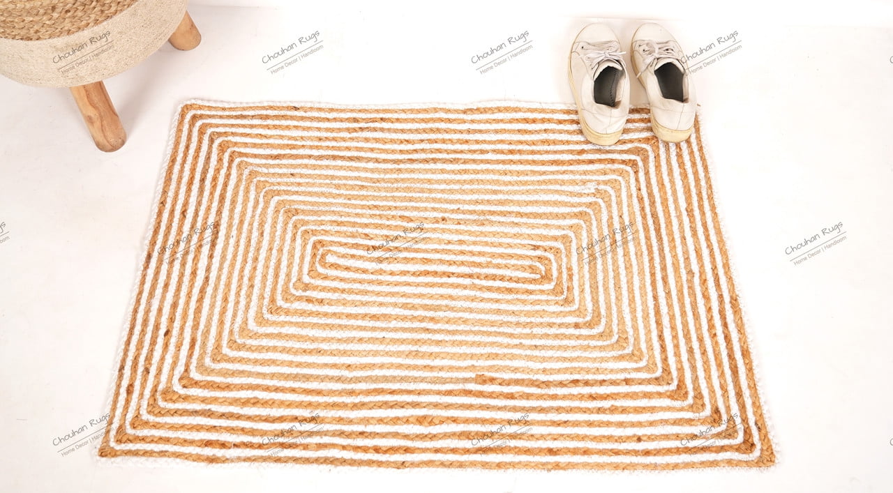 Rectangle Rug Natural Jute Rug Hand Braided Beige and White Color Scalloped Area Rug
