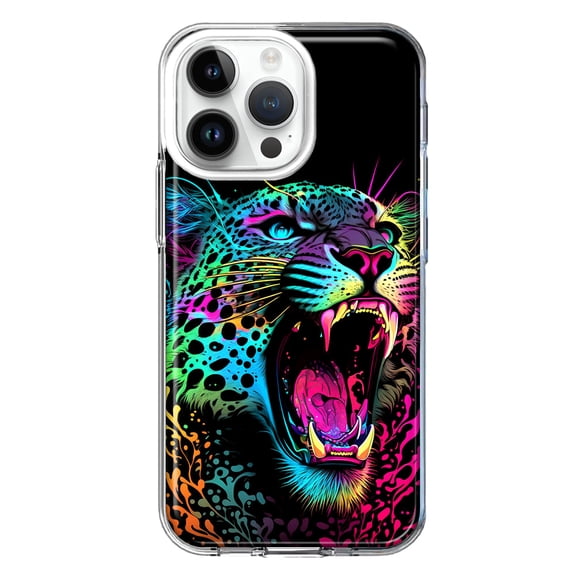 MUNDAZE Case for Apple iPhone 15 Pro Max Slim Hard Shell Soft TPU Hybrid Shockproof Heavy Duty Protective Phone Cover - Neon Rainbow Glow Colorful Leopard