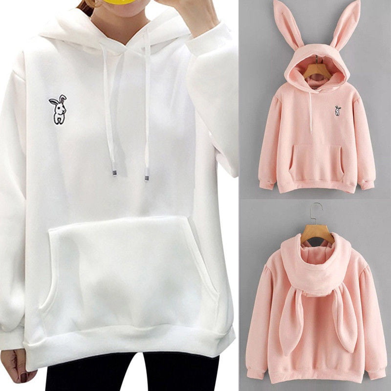 Jushye Teens Girls Rabbit Bunny Ears Long Sleeve Loose Hooded Sweatshirt Pullover Tops Blouse Top Cute Women Hoodie 