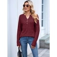 thumbnail image 6 of Women Long Sleeve Shirts Dressy Casual Button V Neck Pullover Sweaters Jumper Tops Fall Outfits Wine Red S, 6 of 9