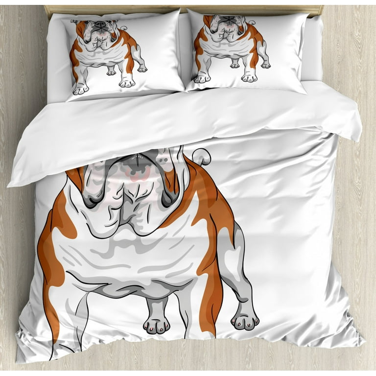 English Bulldog King Size Duvet Cover Set, Pure Breed Bulldog with Glasses  and Books Hardworking Animal, Decorative 3 Piece Bedding Set with 2 Pillow  Shams, Black Pale Brown White, by Ambesonne 