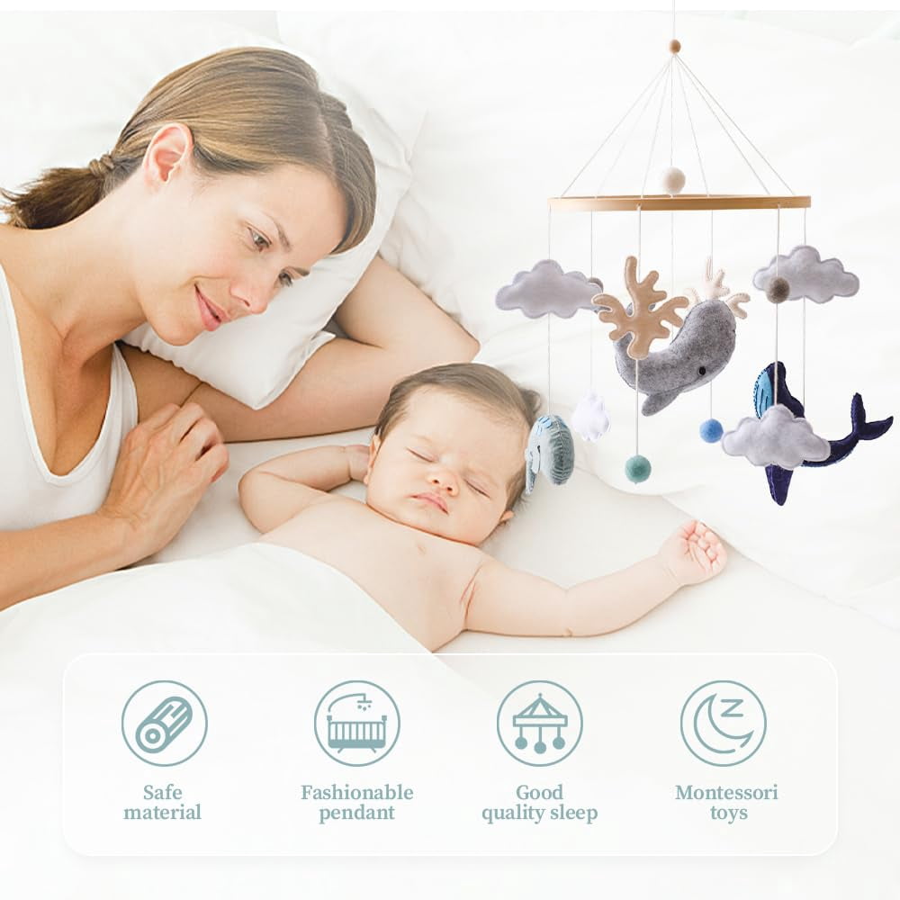 HYPERLIVING Baby Crib Mobile Ocean Nursery Mobile for Boys Girls Handmade Felt Mobile for Crib Nursery Decor for Infant Bedroom Hanging Baby Mobile for Bassinet Newborn Baby Gift（Whales）