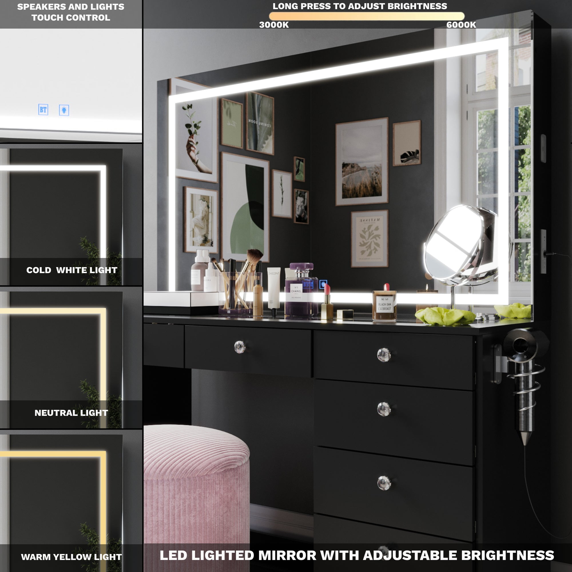 Boahaus Zoe Vanity Set with LED Mirror, Bluetooth Speakers & Large Storage, Black
