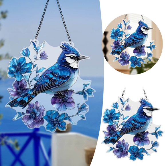 JJKBVCLO Stained Glass Window Hanging Floral Blue Decorative Art Handmade Acrylic Ornament For Home Garden Church